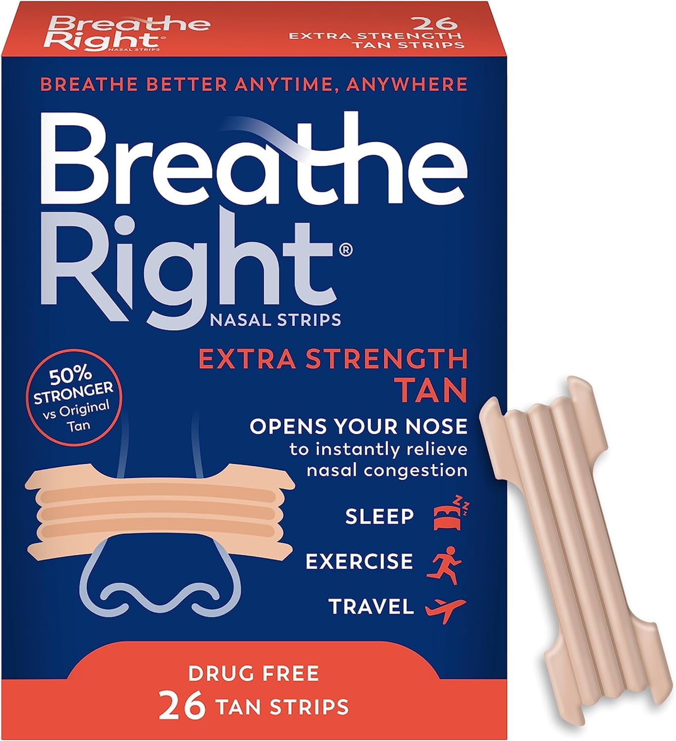 Breathe Right Extra Strength Tan Nasal Strips, 26 Ea, 2 Pack