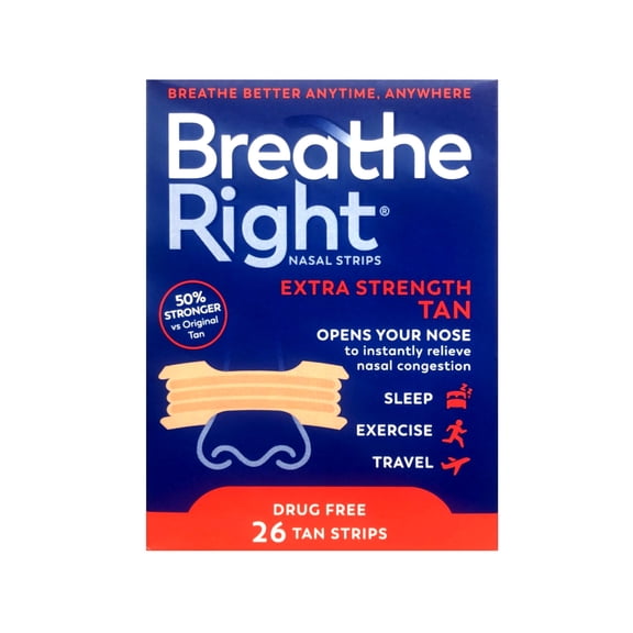 Breathe Right Extra Strength Tan Nasal Strips, Nasal Congestion Relief due to Colds & Allergies, Reduces Nasal Snoring caused by Nasal Congestion, Drug-Free, 26 count (Pack of 16)