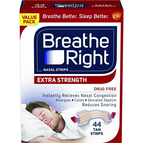 Breathe Right Extra Strength Tan Nasal Strips, Nasal Congestion Relief due to Colds & Allergies, Drug-Free, 44 count