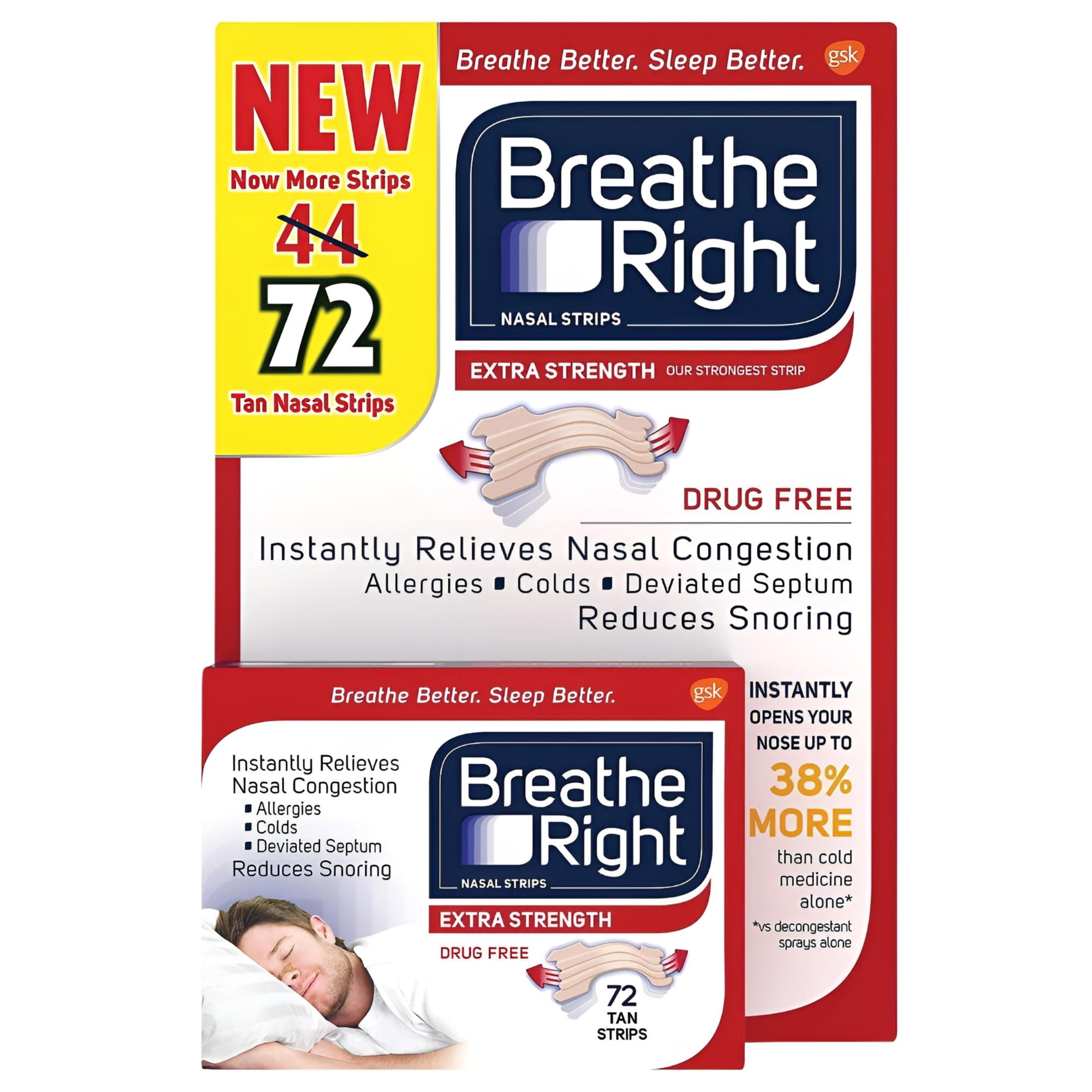 Breathe Right Extra Strength Tan Strips Reduces Snoring-Free Nasal Strips for Nasal Congestion Relief-72 Count