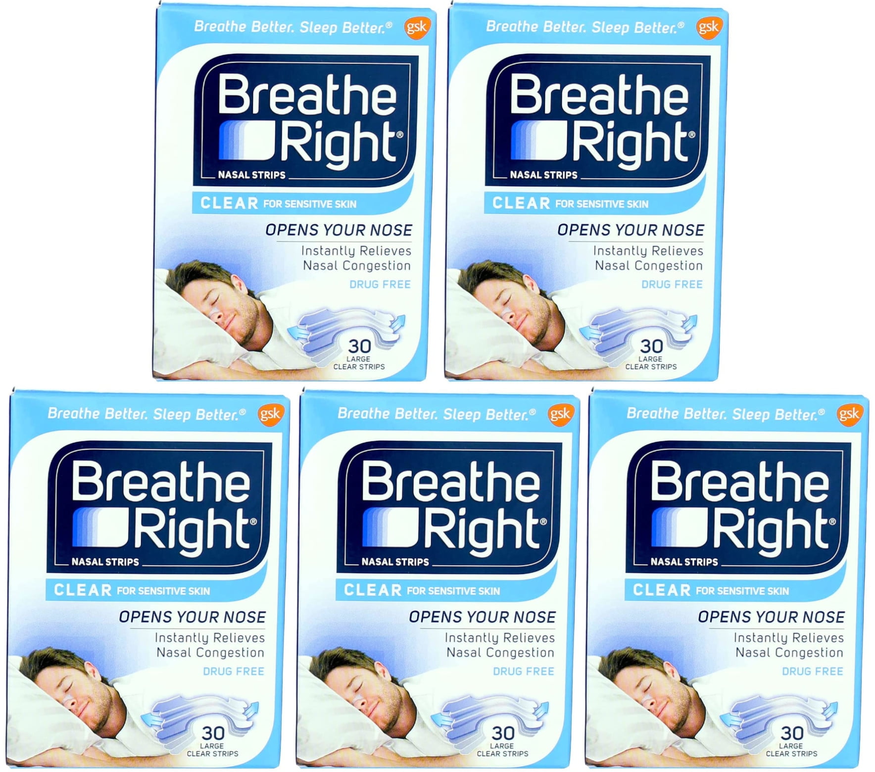 Breathe Right Nasal Strips Clear Large, 30 Drug-Free Strips for Sensitive Skin (pack of 5)