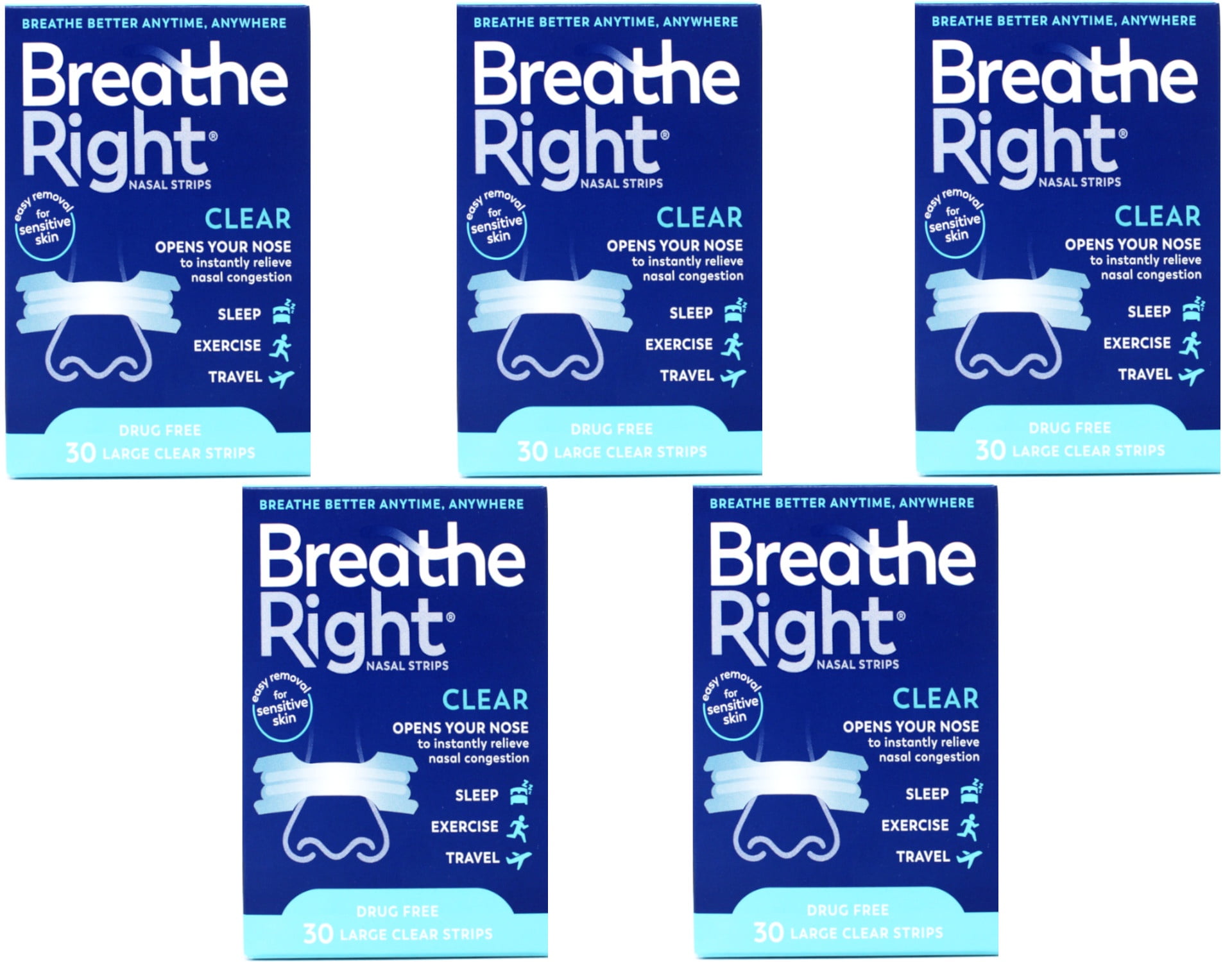 Breathe Right Nasal Strips Clear Large, 30 Drug-Free Strips for Sensitive Skin (pack of 5)