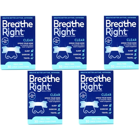 Breathe Right Nasal Strips Clear Large, 30 Drug-Free Strips for Sensitive Skin (pack of 5)