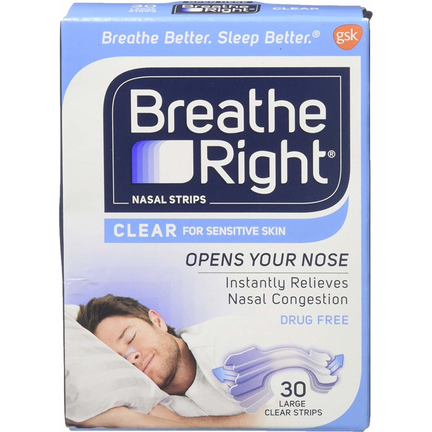 Breathe Right For Sensitive Skin Nasal Strips, Clear, Large, 30 Ct