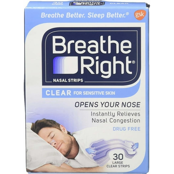 Breathe Right For Sensitive Skin Nasal Strips, Clear, Large, 30 Ct