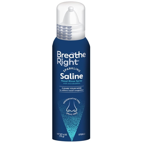 Breathe Right Sparkling Saline Nasal Rinse Spray  Effervescent, Drug-Free Relief from Stuffy Nose Due to Cold or Allergy, 1 Can, 4 0z