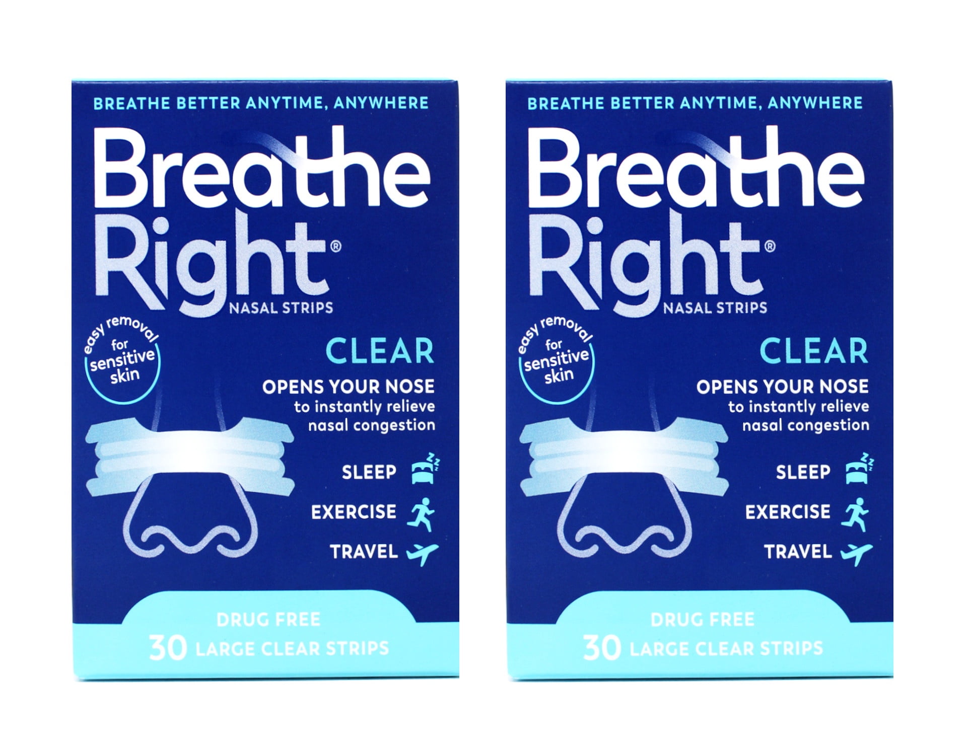 Breathe Right Nasal Strips Clear Large, 30 Drug-Free Strips for Sensitive Skin (pack of 2)