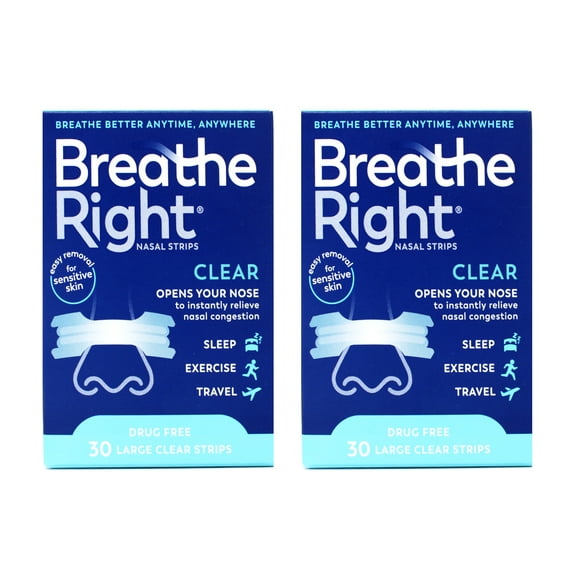 Breathe Right Nasal Strips Clear Large, 30 Drug-Free Strips for Sensitive Skin (pack of 2)