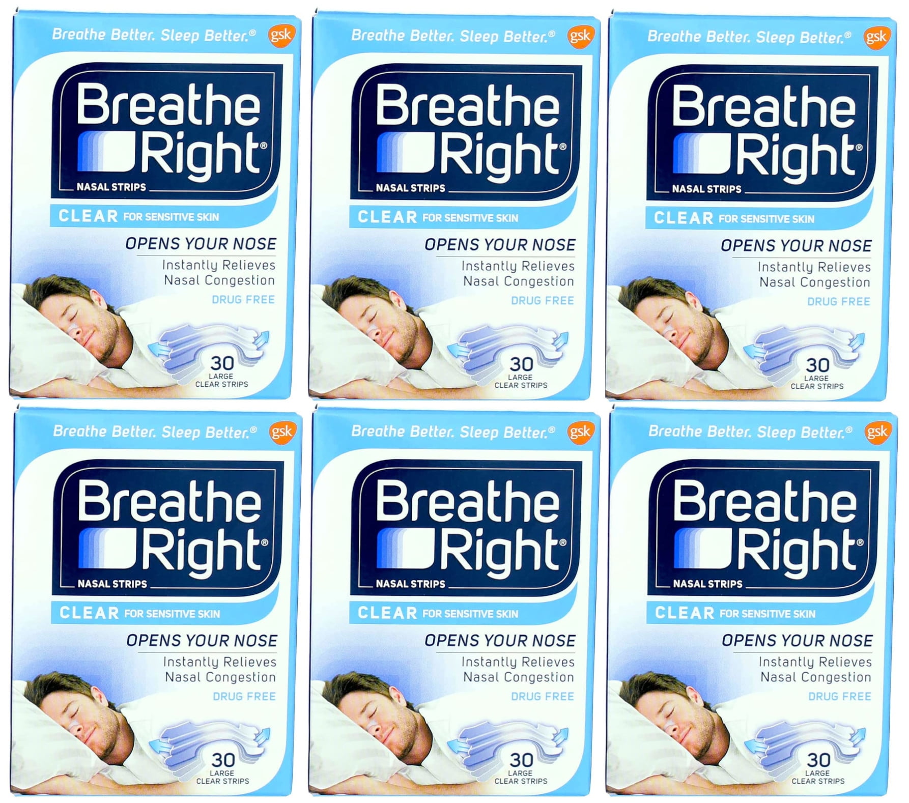 Breathe Right Nasal Strips Clear Large, 30 Drug-Free Strips for Sensitive Skin (pack of 6)