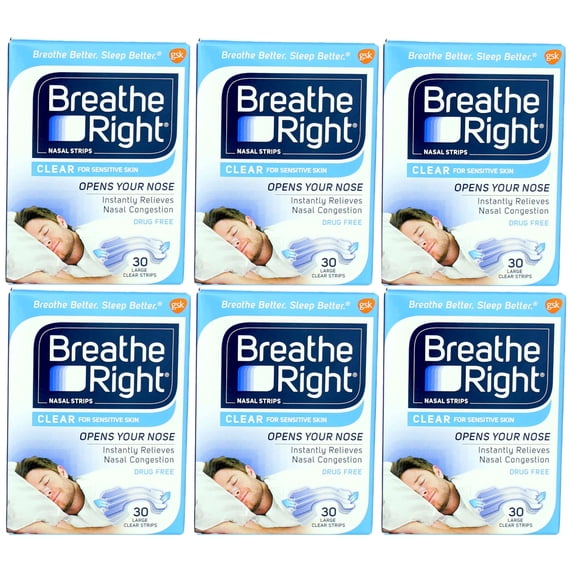 Breathe Right Nasal Strips Clear Large, 30 Drug-Free Strips for Sensitive Skin (pack of 6)