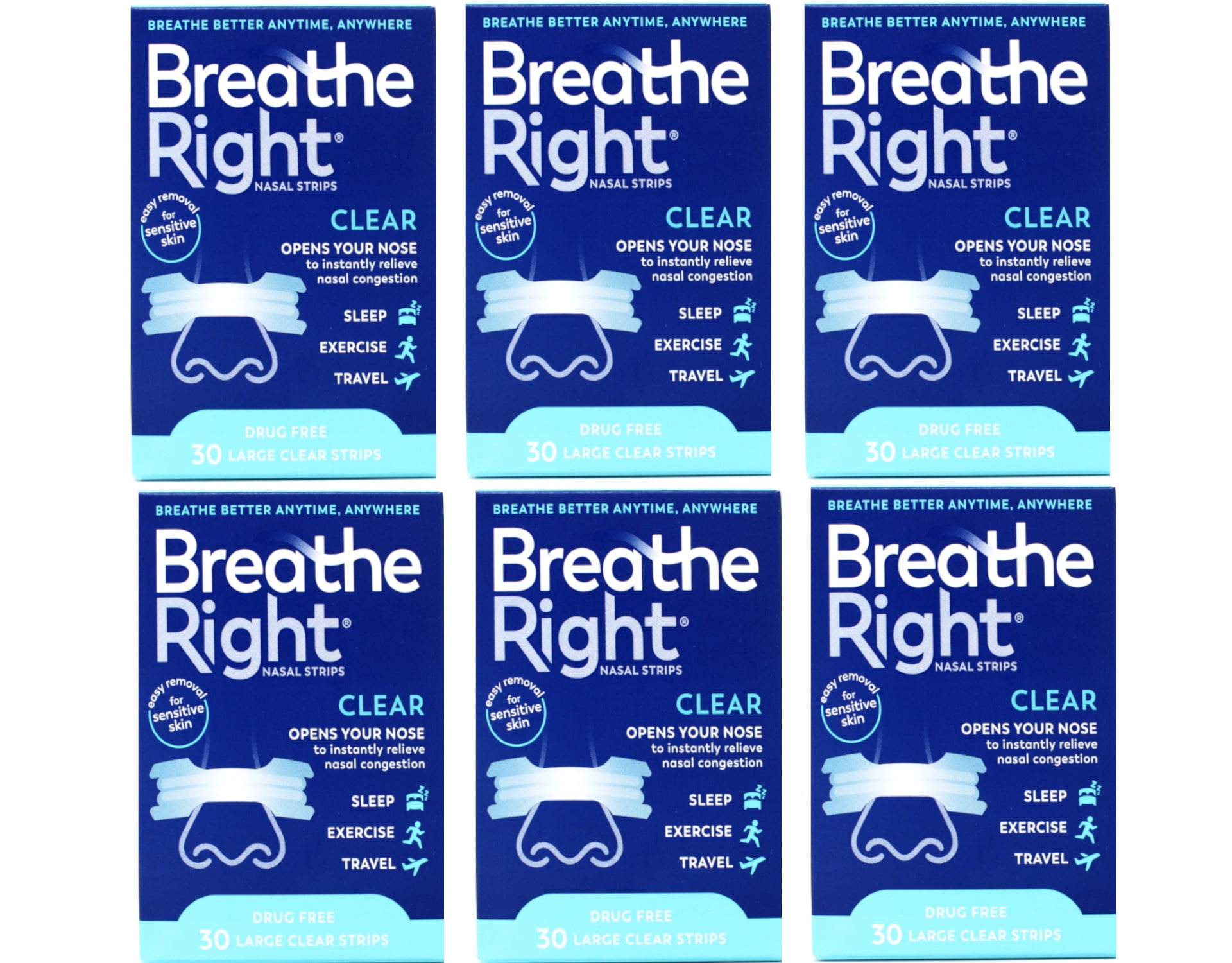 Breathe Right Nasal Strips Clear Large, 30 Drug-Free Strips for Sensitive Skin (pack of 6)