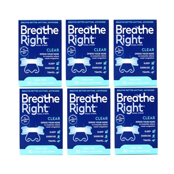 Breathe Right Nasal Strips Clear Large, 30 Drug-Free Strips for Sensitive Skin (pack of 6)