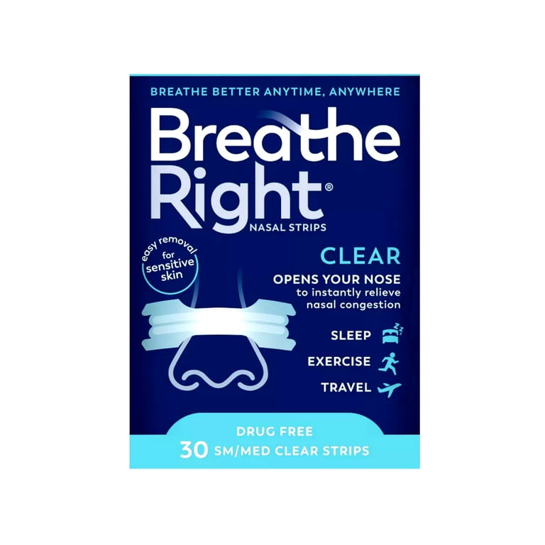 Breathe Right Nasal Strips - Clear - For Sensitive Skin - Sm / Med Clear  Strips - 30 Count Strips Per Box - Pack of 3