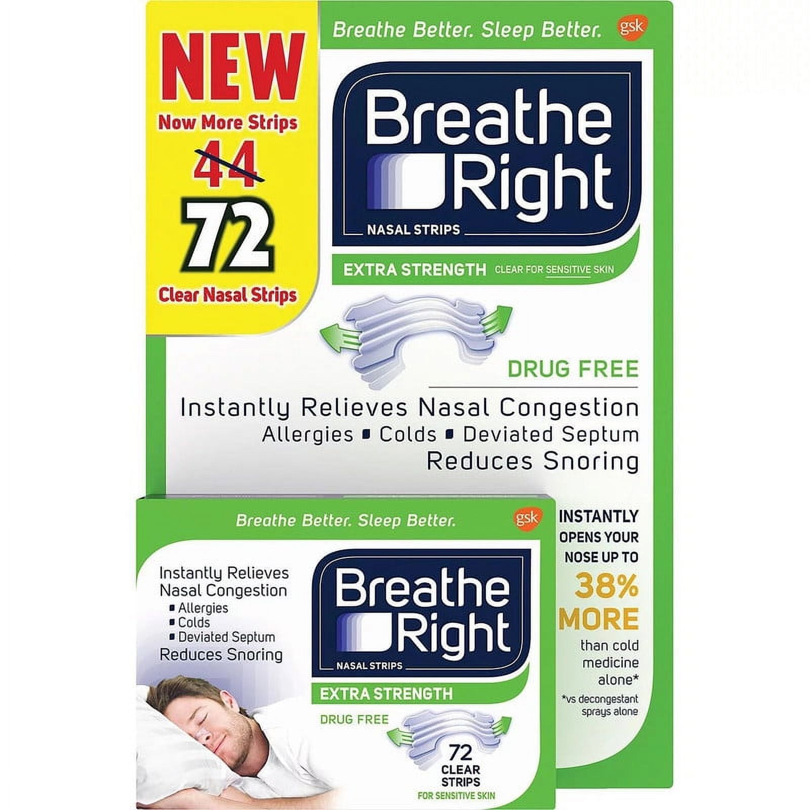 Breathe Right Nasal Strips, Extra Strength Clear, 72 Ct. Relieves Nasal Congestion