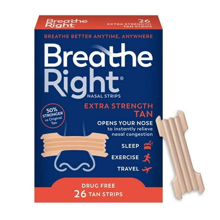 product image of Breathe Right Nasal Strips, Extra Strength, Tan Nasal Strips, Help Stop Snoring, Drug-Free Snoring Solution & Instant Nasal Congestion Relief Caused by Colds & Allergies, 26 Ct.