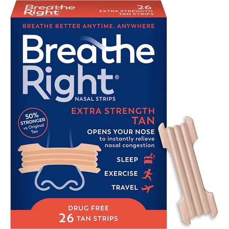 Breathe Right Nasal Strips Extra Strength Tan Nasal Strips Help Stop Snoring Drug-Free Snoring Solution & Instant Nasal Congestion Relief Caused by Colds & Allergies 26ct (packaging may vary)