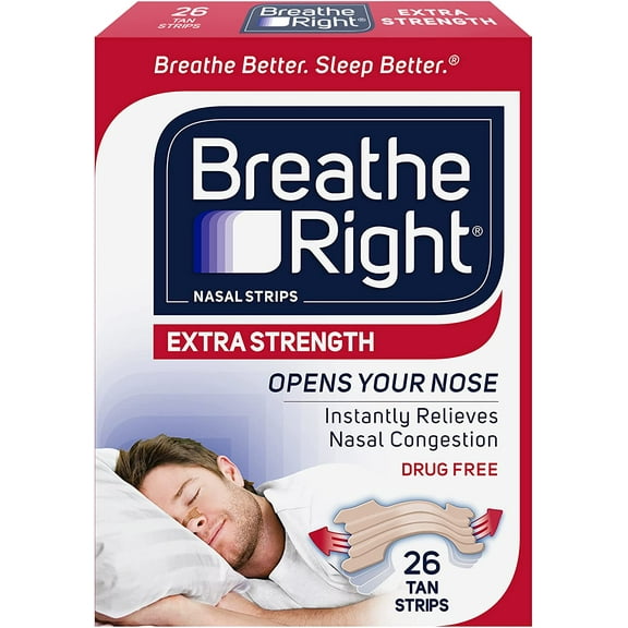 Breathe Right Nasal Strips | Extra Strength | Tan Nasal Strips | Help Stop Snoring | Drug-Free Snoring Solution & Instant Nasal Congestion Relief Caused by Colds & Allergies | 26 Count