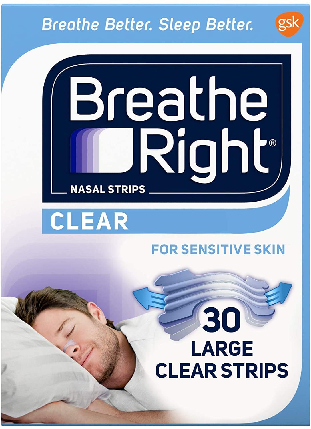 Breathe Right Nasal Strips to Stop Snoring, Drug-Free, Clear for Sensitive Skin, 30 count (Pack of 2) ( Pack May Vary ), Breathe Right nasal strips reduce or.., By Brand Breathe Right