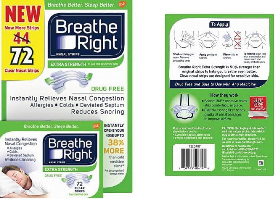 Breathe Right Nasal Strips to Stop Snoring, DrugFree, Extra Clear (72