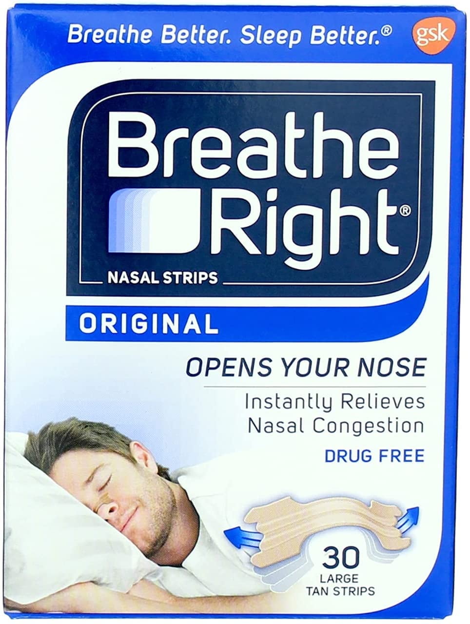 Breathe Right Nasal Strips to Stop Snoring, Drug-Free, Original Tan Large, 30 count