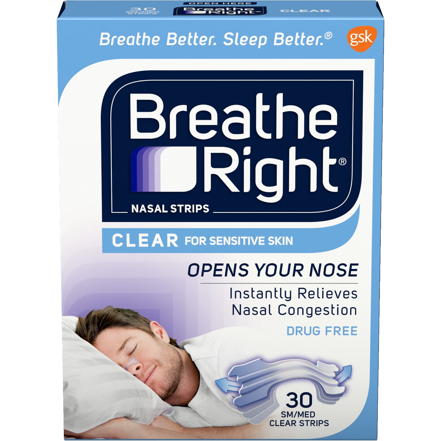 Breathe Right Original Clear Nasal Strips, Nasal Congestion Relief due to  Colds & Allergies, Small/ Medium, Clear for Sensitive Skin, Drug-Free, 30  count 