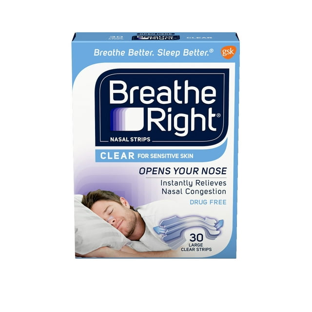 Breathe Right Original Clear Nasal Strips, Nasal Congestion Relief due to Colds & Allergies, Large, Clear for Sensitive Skin, Drug-Free, 30 count
