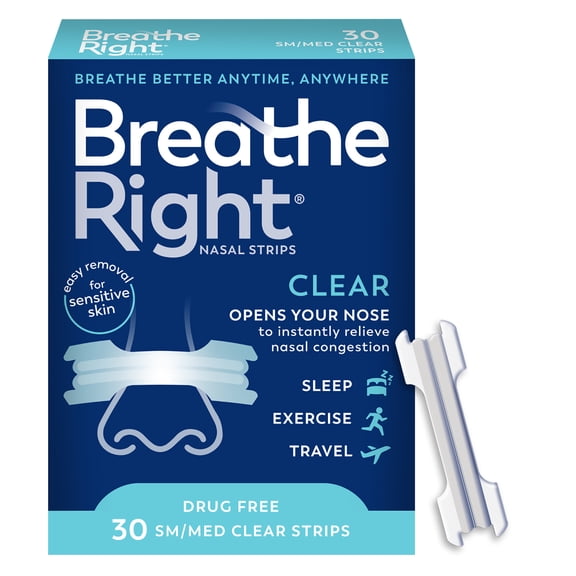 Breathe Right Original Nasal Strips, Clear, Small/ Medium, For Sensitive Skin, 30 Count