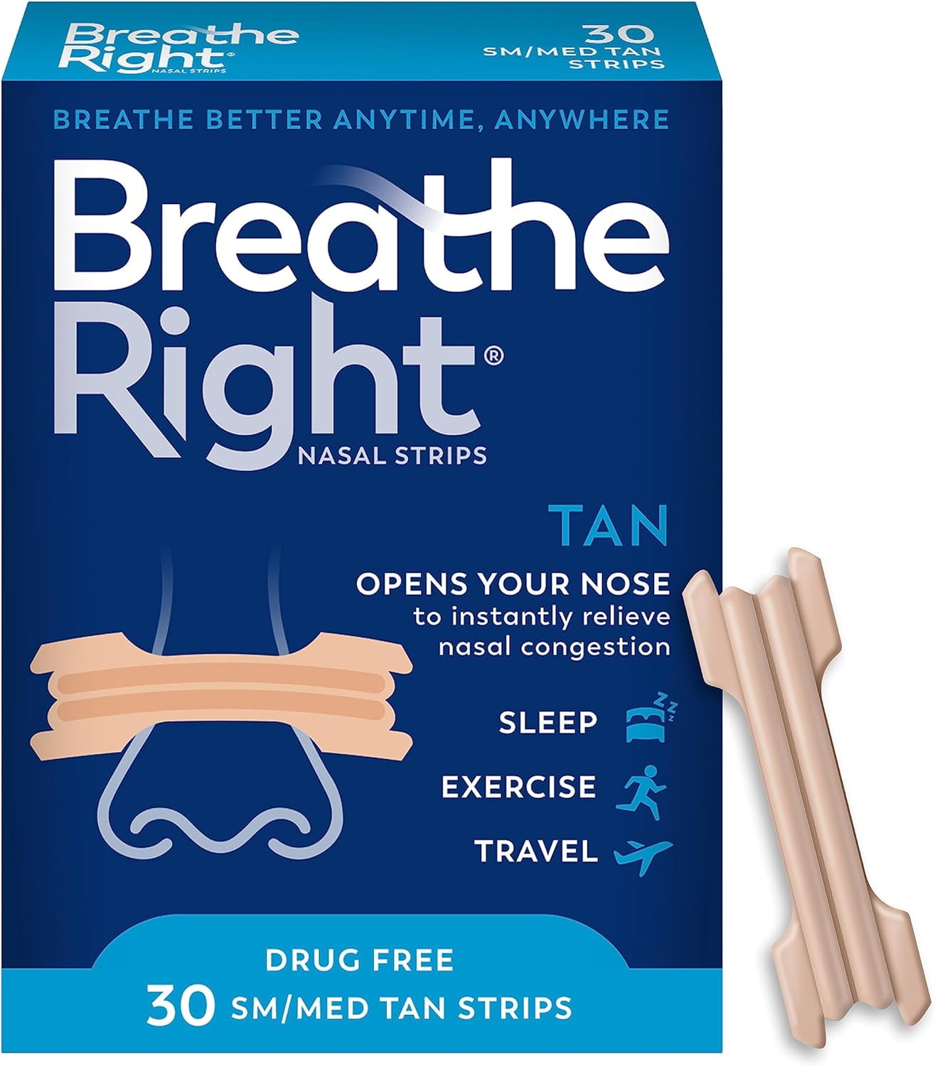 Breathe Right Original Tan Nasal Strips, Small/ Medium, Drug-Free, 30 Count