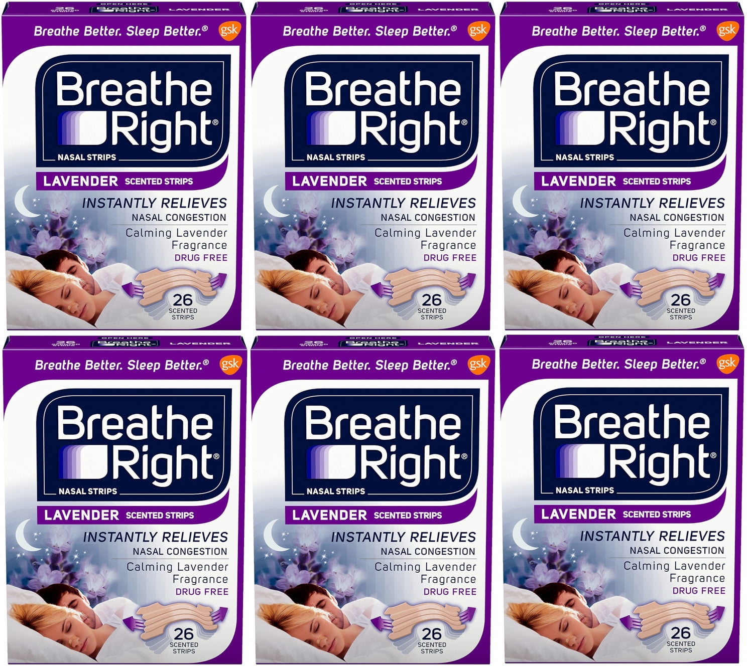 Breathe Right Scented Nasal Strips, Lavender - 26 Ea, 6 Pack