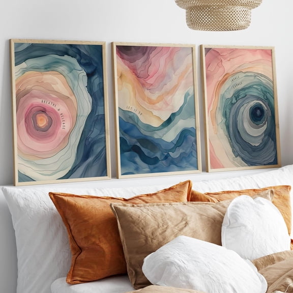 Breathing In Let It Go Wellness Quotes Swirly Calm Motivational Colorful Set 3 Stretched Canvas
