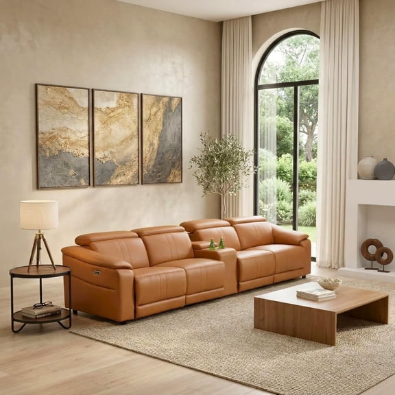Breathing Leather Power Recliner Sofa Set, 4 Seats Living Room Furntiure Set, 147" Modern Style Sectional Couch with Dual Recliner, Adjustable Headrest&Storage Console (Light Brown)