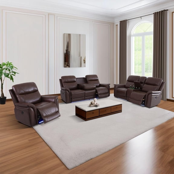 Breathing Leather Power Recliner Sofa Set, Reclining Sofa Couch with LED/USB Port/Cup Holder, Brown Living Room Furniture Set 3 Piece  (Sofa Loveseat Chair)
