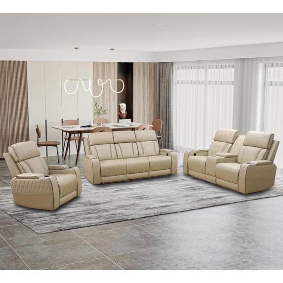Breathing Leather Power Recliner Sofa Set, Reclining Sofa Set with LED, Leather Recliner Couch with USB Port/Storage Console/Cup Holder for Living Room (3 Pieces Living Room Set, Khaki)