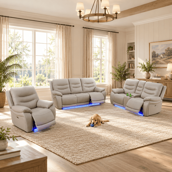 Breathing Leather Recliner Couch Set, Power Reclining Sofa Set 3 Pieces Leather Sofa with Built in USB Port for Living Room(Light Grey) (Sofa Loveseat Chair)