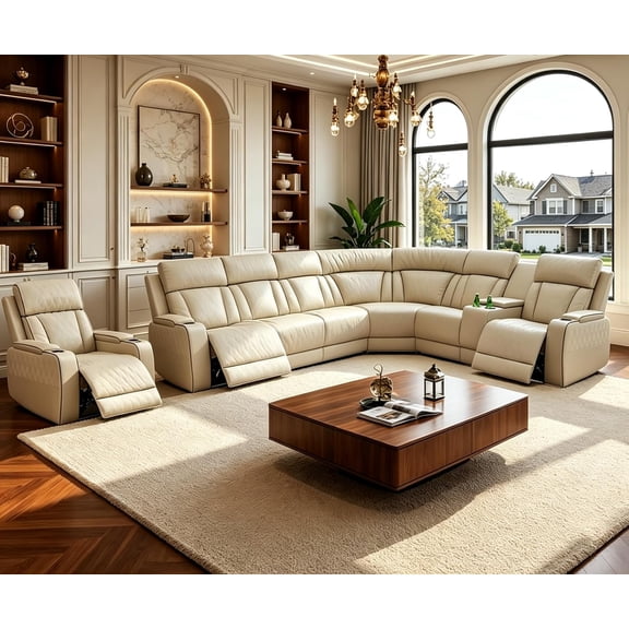 Breathing Leather Recliner Sectional Sofa Set, Power Reclining Sectional Couch Set with LED/USB Port/Cup Holders, 2 Piece Living Room Set Included Recliner Corner Couch and Single Chair (Beige)