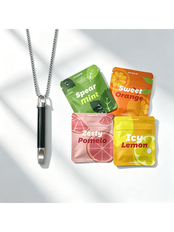 Breathing Necklace to Replace Bad Habit with 4 Packs Flavor Refillable Pods, Adjustable Air Flow Necklace for Stress Relief with Leak-Proof Design & Flat Mouthpiece, Habit Support Necklace for Adults