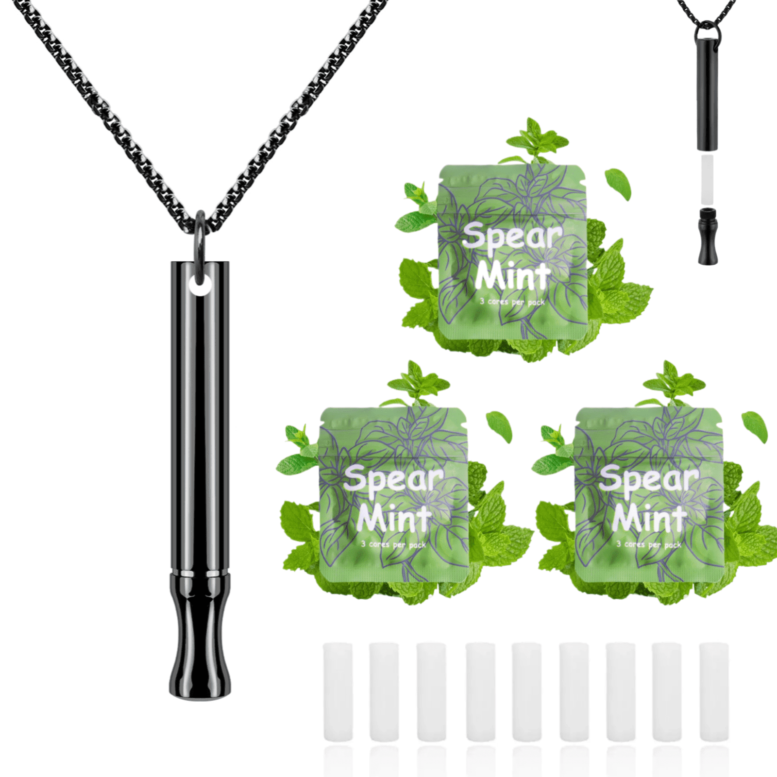 Breathing Necklace to Replace Bad Habit with 3 Packs Spearmint Refillable Pods, Habit Support Necklace for Stress Relief Sensory Fidget for Adults