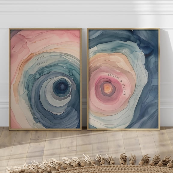 Breathing Wellness Quotes Swirly Calm Motivational Colorful Wall Decor Set 2 Stretched Canvas