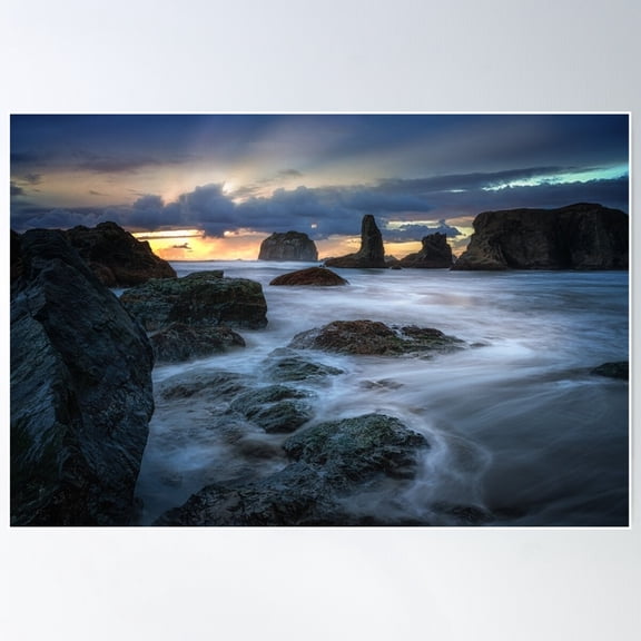 Breathtaking Face Rock Beach Bandon Oregon Sunset Poster Wall Art, Modern Wall Decor For Living Room Bedroom, 8x12 UNFRAMED