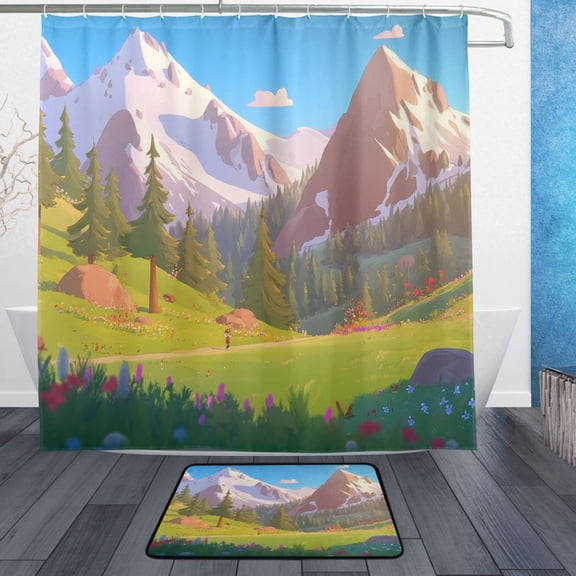 Breathtaking Mountain Bathroom Accessory Sets Waterproof Shower Curtain with Anti-Slip Bath Mat Durable Combo