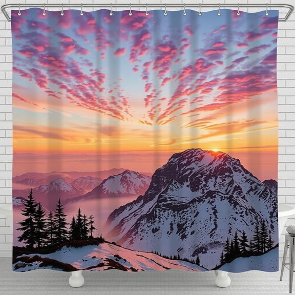 Breathtaking Sunrise Mountain Shower Curtain - Vibrant Colors & Tranquil Nature Scene