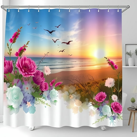 Breathtaking Sunset Beach Shower Curtain - Vibrant Colors Floral Design Tranquil Escape for Your Bathroom