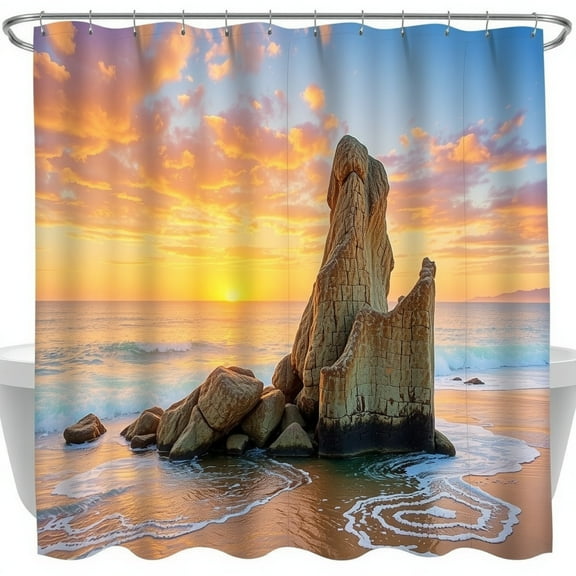 Breathtaking Sunset Beach Shower Curtain - Vibrant Colors & Tranquil Scene