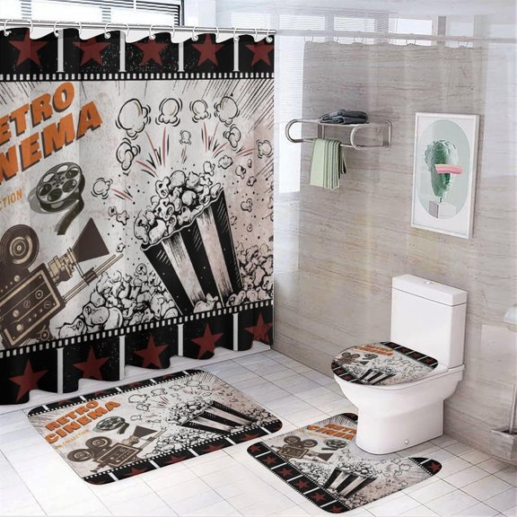 Brebasf Abstract Modern Movie Theater 4 Pieces Shower Curtain Set, Cool Cinema Stage Popcorn Film Cinema Theme Non-Slip Rugs Toilet Lid Cover Bath Mat and Bathroom Curtain