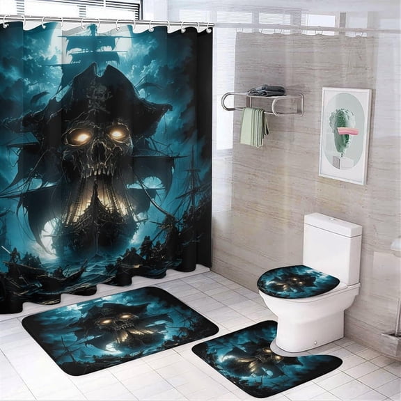 Brebasf Vintage Skeleton Nautical Pirate Ship Shower Curtain Set Bathroom Set Decorative Watercolor Cool Mid Century Horror Pirate Ship 4 Piece Shower Curtain, Toilet Cover, U-Mat, Floor Mat