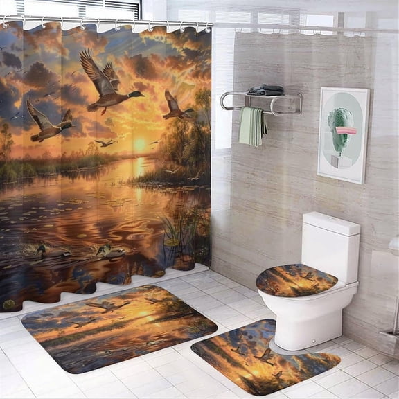 Brebasf Watercolor Sunset Mallard Duck for Bathroom Shower Curtain set with Rugs 4Pcs Rustic Country Hunting Theme Ducks Forest Animals Birds Shower Curtains Sets (12Hooks)