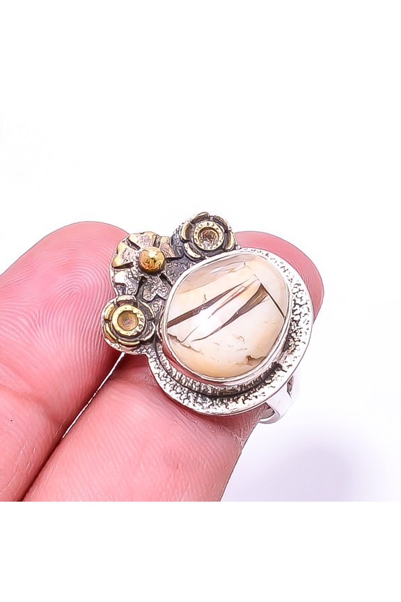 Brecciated Mookaite -Australia Two Tone Designer 925 Sterling Silver Ring s.6, Yellow Brecciated Mookaite Ring R_9195_382_29