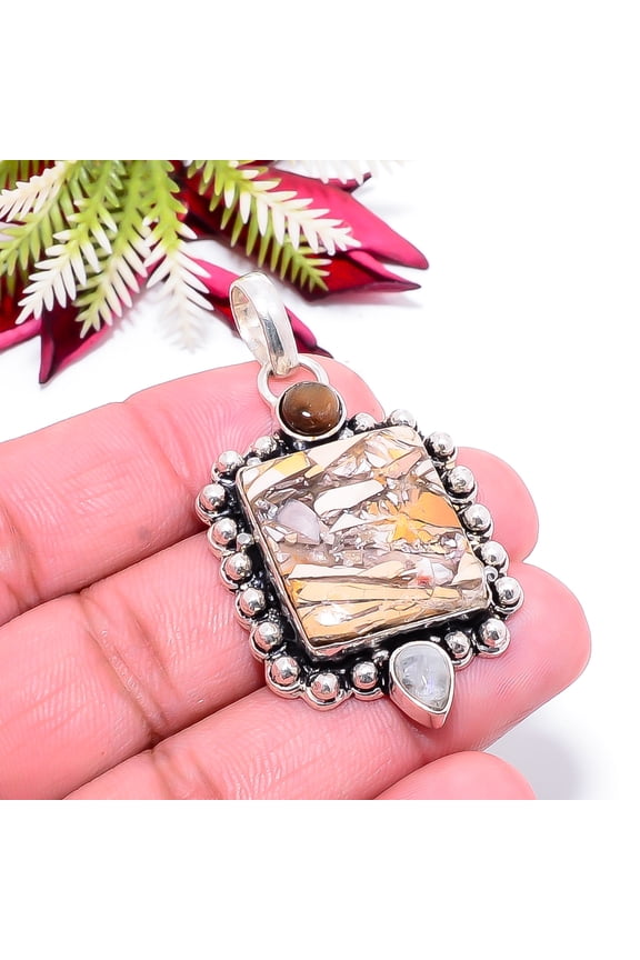 Brecciated Mookaite, Gray Moonstone 925 Sterling Silver Pendant 2.15" P36