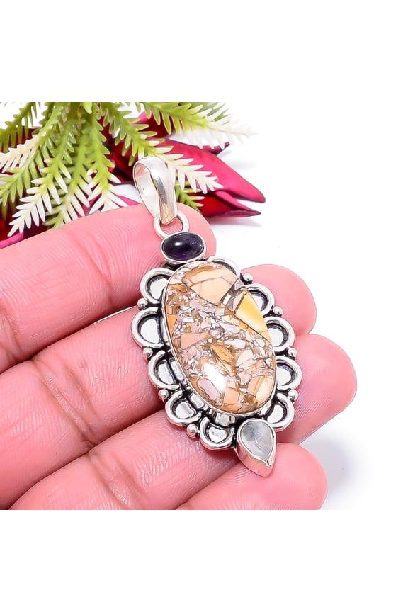 Brecciated Mookaite, Gray Moonstone 925 Sterling Silver Pendant 2.34" P40