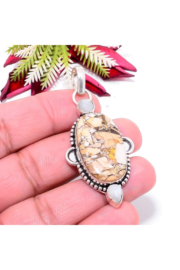 Brecciated Mookaite, Gray Moonstone 925 Sterling Silver Pendant 2.34" P72